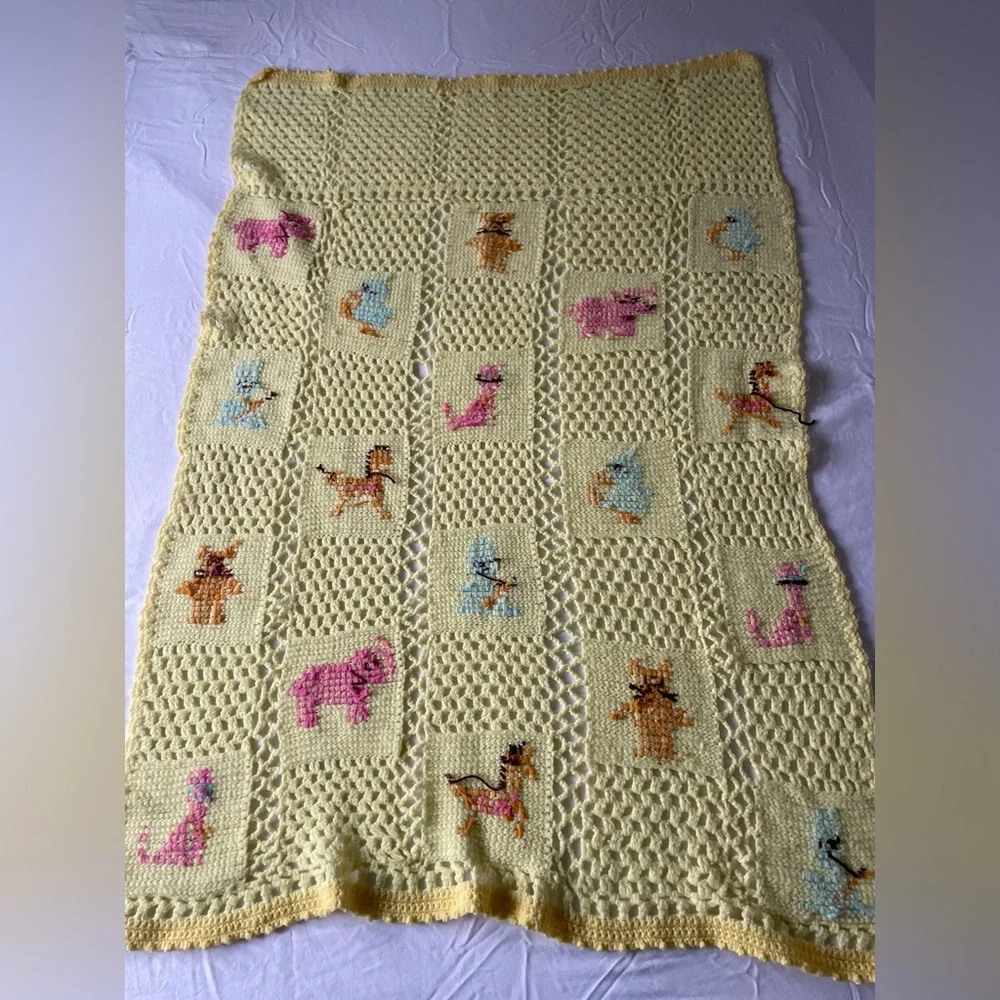 Vintage Handmade Yellow Crochet Baby Blanket Animal Cat Rabbit Elephant